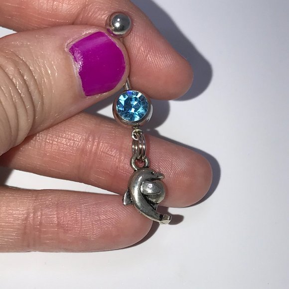 Aqua Blue Dolphin with Ball Dangle Belly Ring - Picture 2 of 16